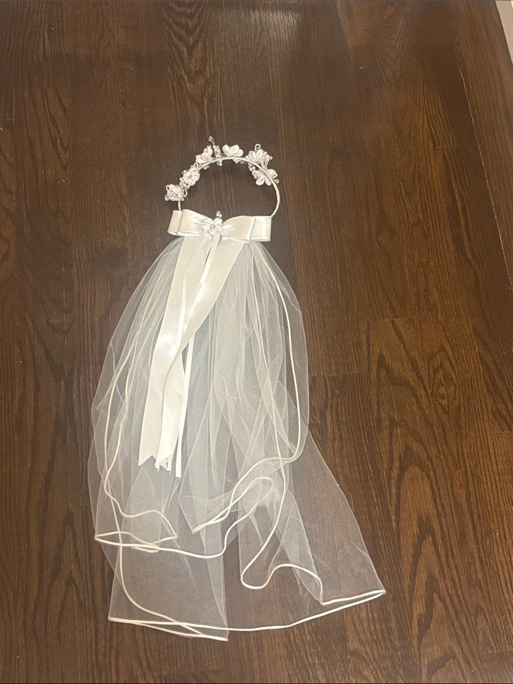 White Tulle Flower Girl Headpiece with Ribbon Bow